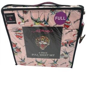 Ed Hardy 6 Piece Full Sheet Set Pink Born Free Tattoo Print NWT
